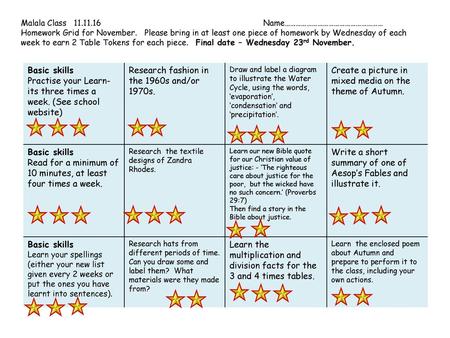 Malala Class Name……………………………………………… Homework Grid for November