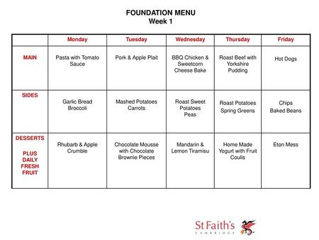 FOUNDATION MENU Week 1 Monday Tuesday Wednesday Thursday Friday MAIN