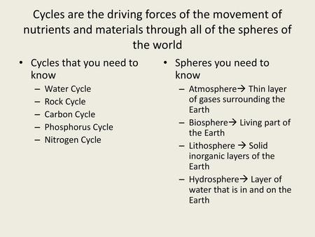 Cycles are the driving forces of the movement of nutrients and materials through all of the spheres of the world Cycles that you need to know Water Cycle.