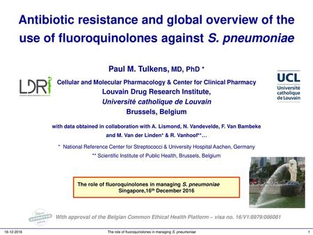 Antibiotic resistance and global overview of the use of fluoroquinolones against S. pneumoniae Paul M. Tulkens, MD, PhD * Cellular and Molecular Pharmacology.