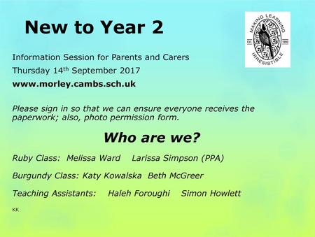 New to Year 2 Who are we? Information Session for Parents and Carers