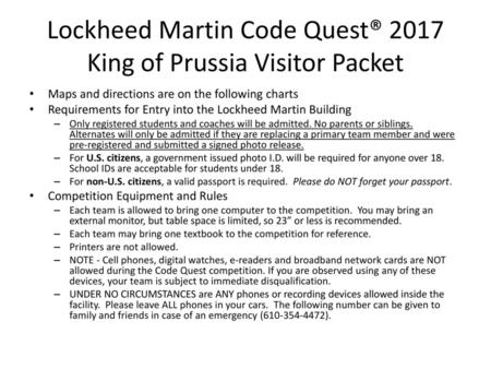 Lockheed Martin Code Quest® 2017 King of Prussia Visitor Packet