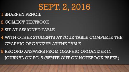 Sept. 2, 2016 Sharpen Pencil Collect textbook Sit at assigned table