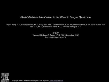 Skeletal Muscle Metabolism in the Chronic Fatigue Syndrome