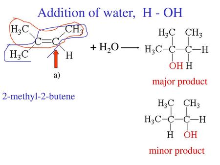 Addition of water, H - OH + H2O major product 2-methyl-2-butene