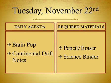 Tuesday, November 22nd Brain Pop Pencil/Eraser Continental Drift Notes