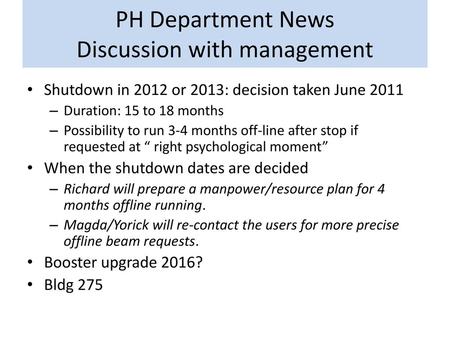 PH Department News Discussion with management