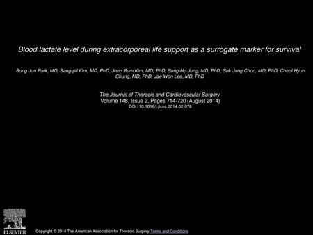 Blood lactate level during extracorporeal life support as a surrogate marker for survival  Sung Jun Park, MD, Sang-pil Kim, MD, PhD, Joon Bum Kim, MD,