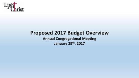 Proposed 2017 Budget Overview Annual Congregational Meeting