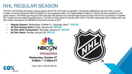 NHL REGULAR SEASON PREMIERES