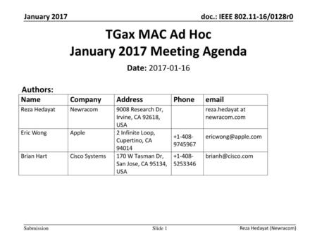 TGax MAC Ad Hoc January 2017 Meeting Agenda