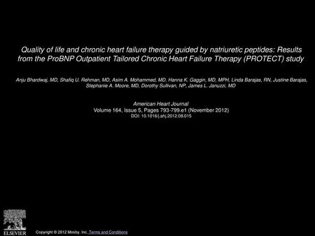 Quality of life and chronic heart failure therapy guided by natriuretic peptides: Results from the ProBNP Outpatient Tailored Chronic Heart Failure Therapy.