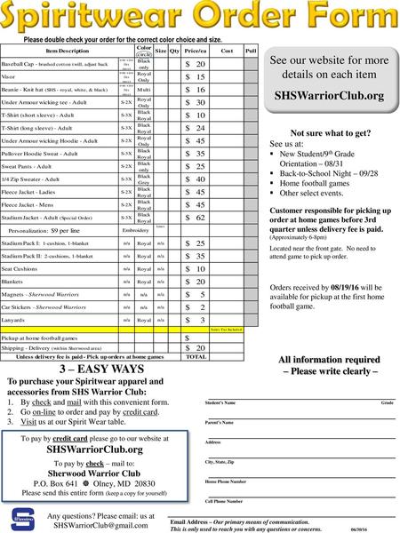 Spiritwear Order Form See our website for more details on each item