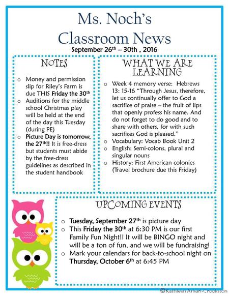 Ms. Noch’s Classroom News September 26th – 30th , 2016