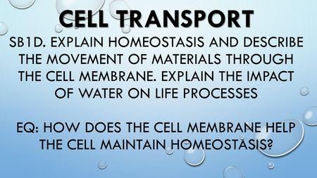 Cell TRANSPORT SB1d. Explain homeostasis and describe the movement of materials through the cell membrane. Explain the impact of water on life processes.