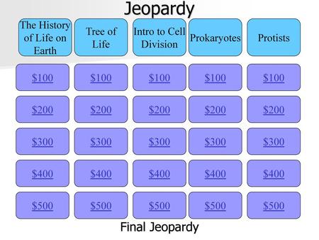 Jeopardy Final Jeopardy The History of Life on Earth Tree of Life