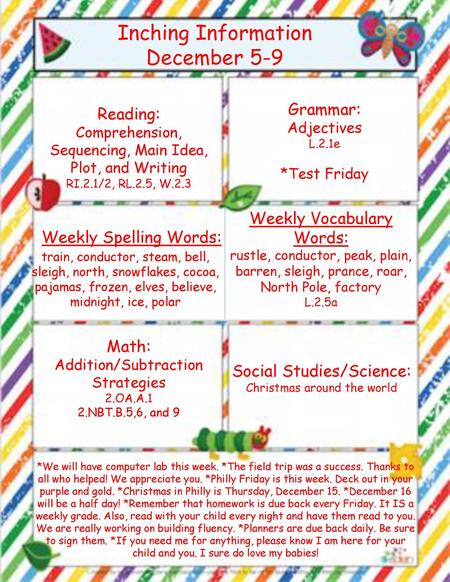 Inching Information December 5-9 Grammar: Reading: