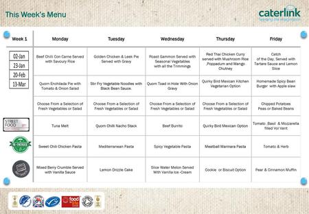 This Week’s Menu Week 1 Monday Tuesday Wednesday Thursday Friday