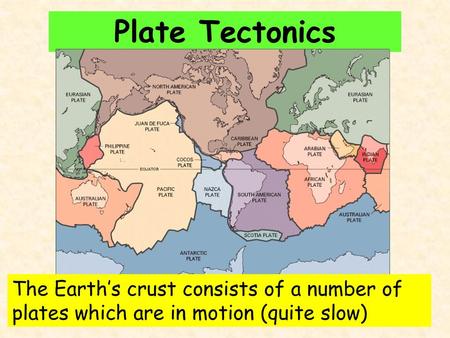 Plate Tectonics The Earth’s crust consists of a number of plates which are in motion (quite slow)