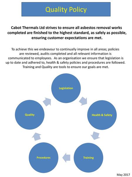 Quality Policy Cabot Thermals Ltd strives to ensure all asbestos removal works completed are finished to the highest standard, as safely as possible, ensuring.