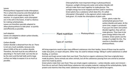 Plant nutrition Photosynthesis Types of nutrition