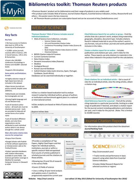 Bibliometrics toolkit: Thomson Reuters products