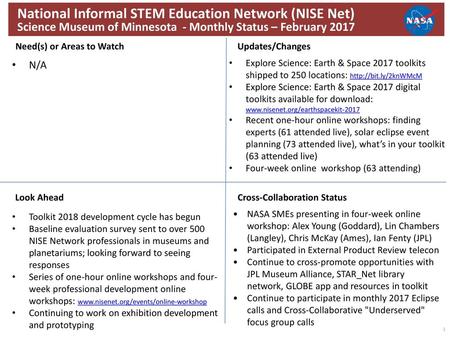 National Informal STEM Education Network (NISE Net) Science Museum of Minnesota - Monthly Status – February 2017 Need(s) or Areas to Watch	Updates/Changes.