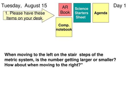 Tuesday, August 15 Day 1 AR Book 1. Please have these