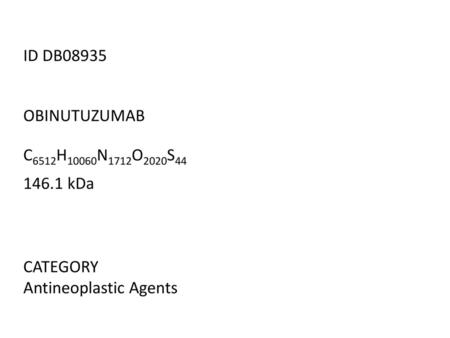 ID DB08935 OBINUTUZUMAB C6512H10060N1712O2020S44 146.1 kDa CATEGORY