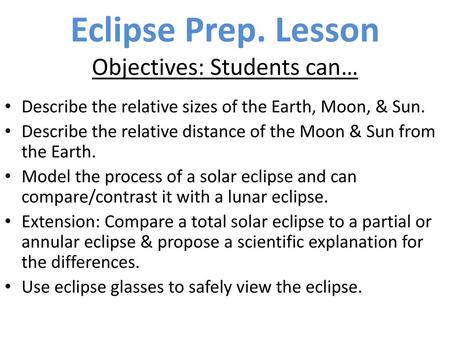 Eclipse Prep. Lesson Objectives: Students can…