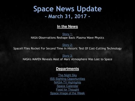 Space News Update - March 31, In the News Departments Story 1: