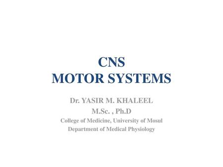 CNS MOTOR SYSTEMS Dr. YASIR M. KHALEEL M.Sc. , Ph.D