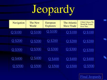 Jeopardy Q $100 Q $100 Q $100 Q $100 Q $100 Q $200 Q $200 Q $200