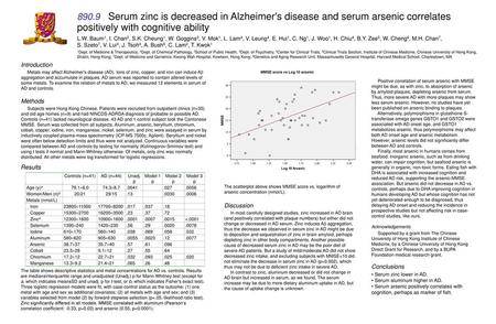 890.9 Serum zinc is decreased in Alzheimer's disease and serum arsenic correlates positively with cognitive ability L.W. Baum1, I. Chan2, S.K. Cheung1,