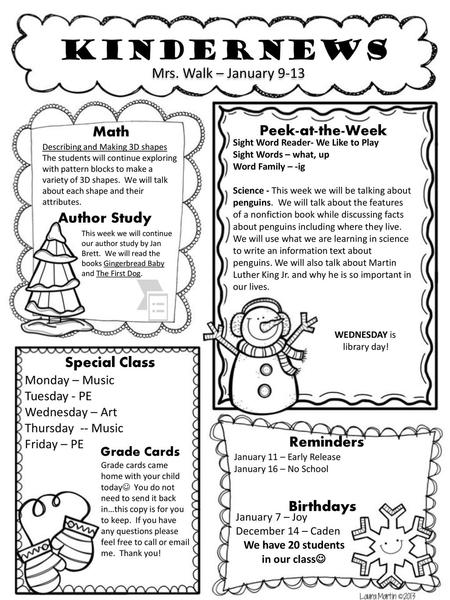 Kindernews Mrs. Walk – January 9-13 Math Peek-at-the-Week Author Study