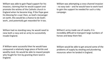 William was able to gain Papal support for his invasion, claiming that he would support and promote the wishes of the Catholic church in England when he.