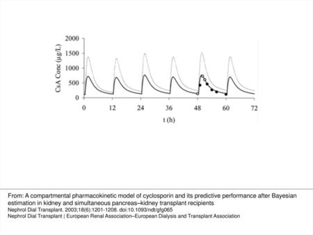 Fig. 1.  CsA blood concentration time curve according to the population model (dashed line), the actual measured CsA blood concentrations at t=0, 2 and.