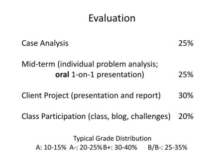 Evaluation Case Analysis 25% Mid-term (individual problem analysis;