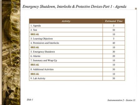 Emergency Shutdown, Interlocks & Protective Devices-Part 1 - Agenda