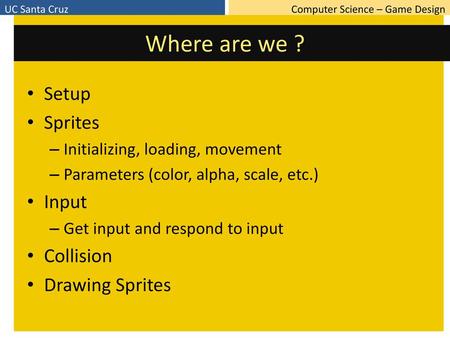 Where are we ? Setup Sprites Input Collision Drawing Sprites