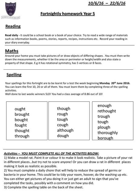 Maths 10/6/16 – 22/6/16 Fortnightly homework Year 5 Reading Spelling