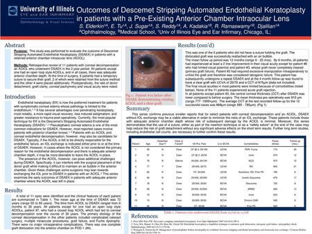 Outcomes of Descemet Stripping Automated Endothelial Keratoplasty in patients with a Pre-Existing Anterior Chamber Intraocular Lens S. Elderkin1A, E. Tu1A,