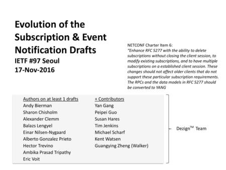 Evolution of the Subscription & Event Notification Drafts IETF #97 Seoul 17-Nov-2016 NETCONF Charter Item 6: “Enhance RFC 5277 with the ability to delete.