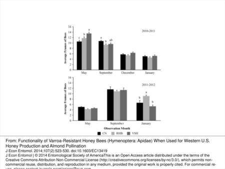 Fig. 1 Frames of bees (mean ± SE) for CN, Russian honey bee, and colonies with the VSH trait for selected months for separate trials in 2010–2011 and 2011–2012.