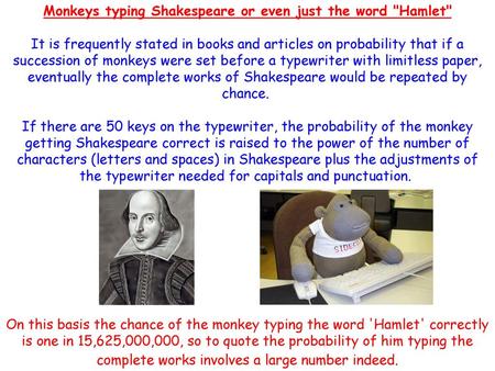 Monkeys typing Shakespeare or even just the word Hamlet