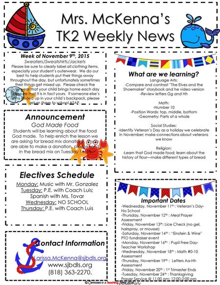 Mrs. McKenna’s TK2 Weekly News Electives Schedule Announcement