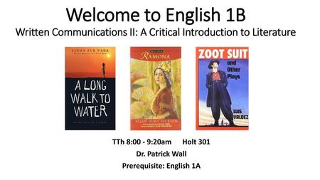 TTh 8:00 - 9:20am Holt 301 Dr. Patrick Wall Prerequisite: English 1A