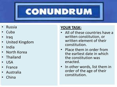 Russia Cuba Iraq United Kingdom India North Korea Thailand USA France