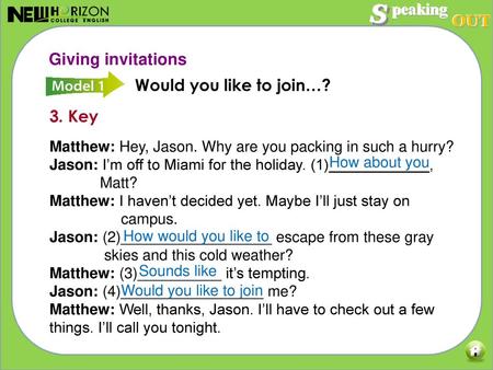 Giving invitations Would you like to join…? 3. Key