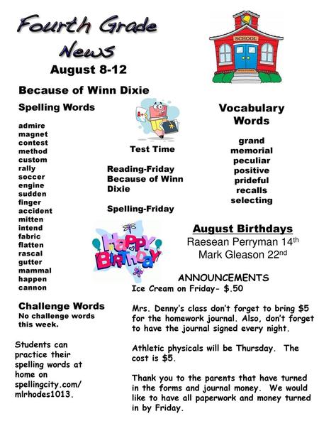 August 8-12 Because of Winn Dixie Vocabulary Words August Birthdays